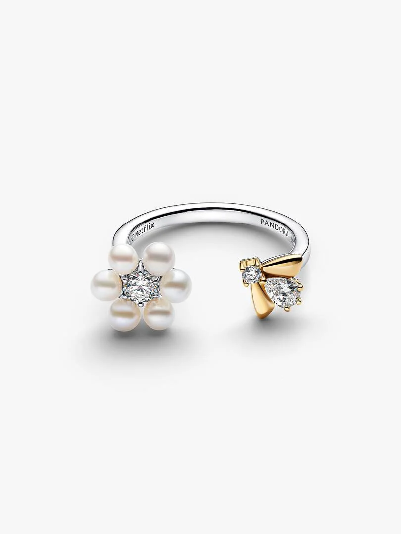 Bee & Treated Freshwater Cultured Pearl Flower Open Ring - Image 2