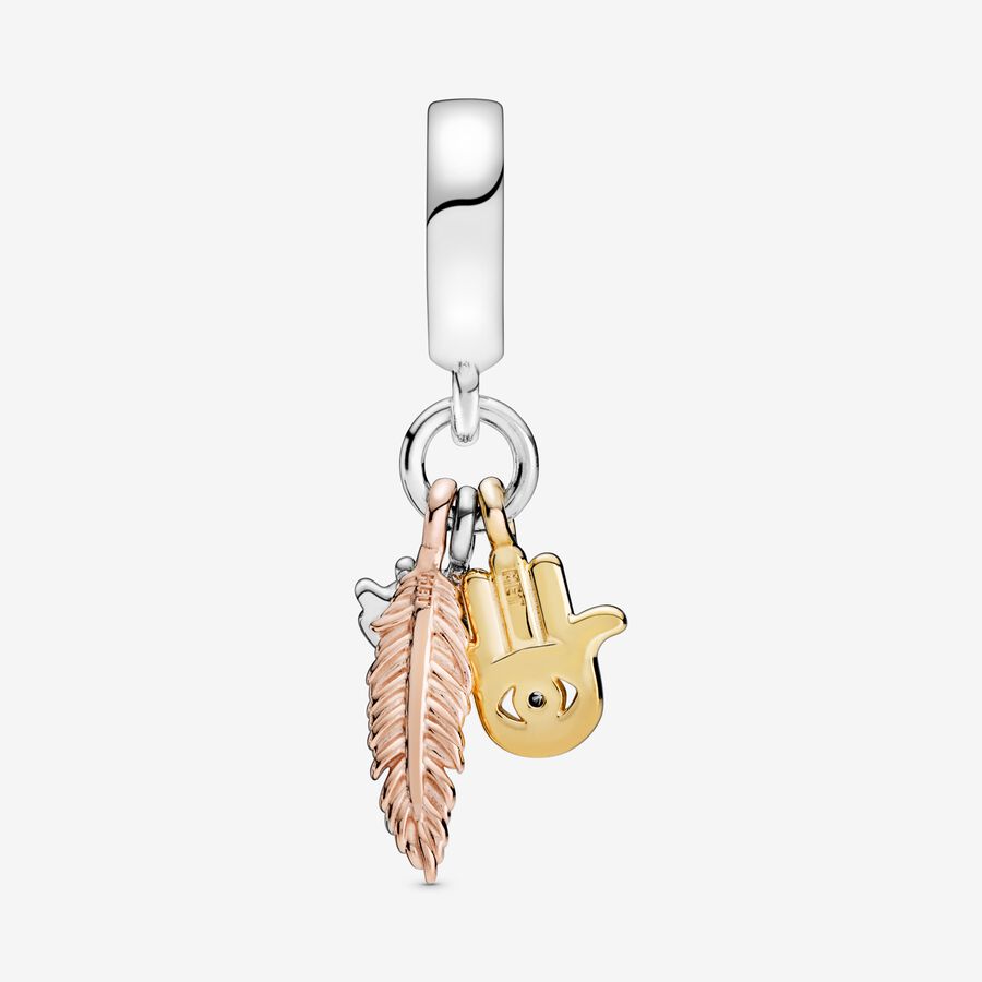Hamsa, All-seeing Eye & Feather Spirituality Dangle Charm - Image 2