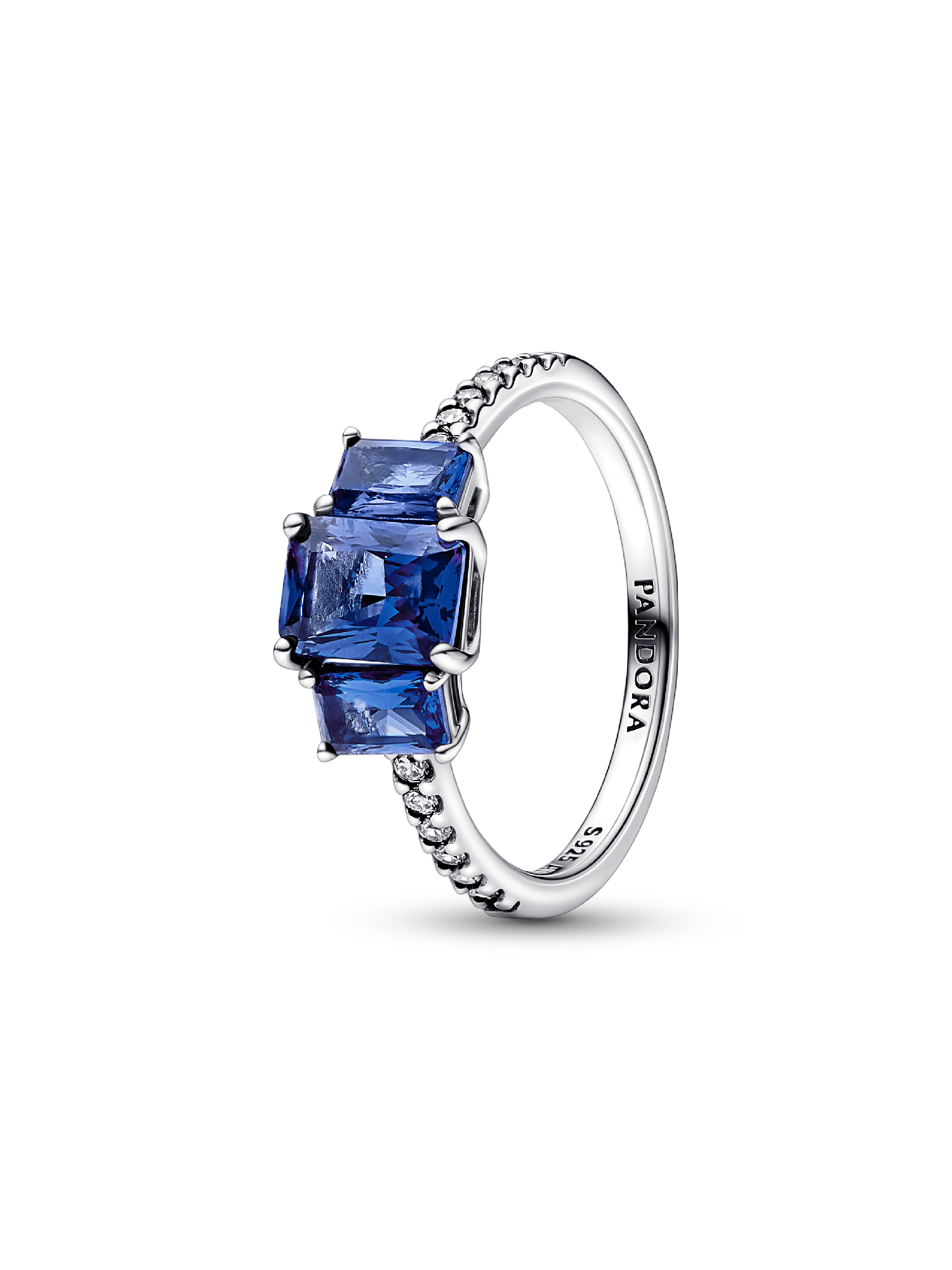 Blue Rectangular Three Stone Sparkling Ring